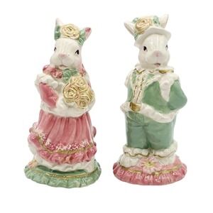 Easter Bunny Rabbit Salt & Pepper Shakers Ceramic Set Pink Green Pastel Decor